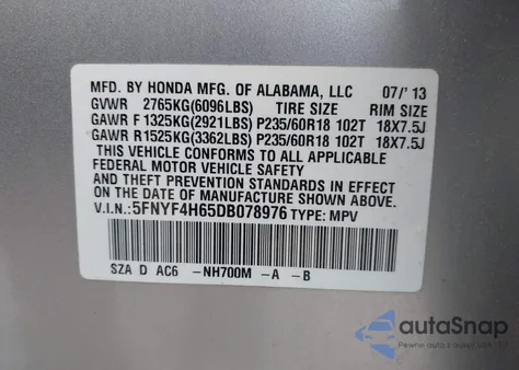 2013 Honda Pilot Ex-L z USA, uszkodzony, nr VIN 5FNYF4H65DB078976